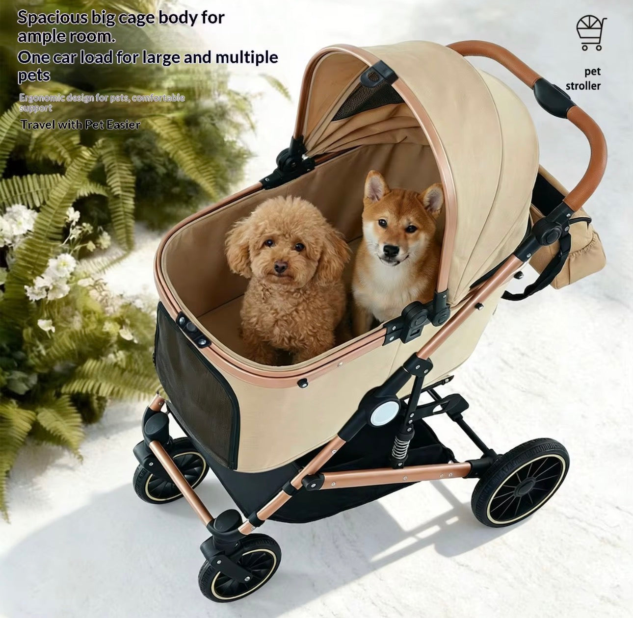 Luxury Pet Stroller with Spacious Comfort, Built- In Cooling Fan & Detachable Travel Basket for Smooth All-Season Adventures,Beige Colour