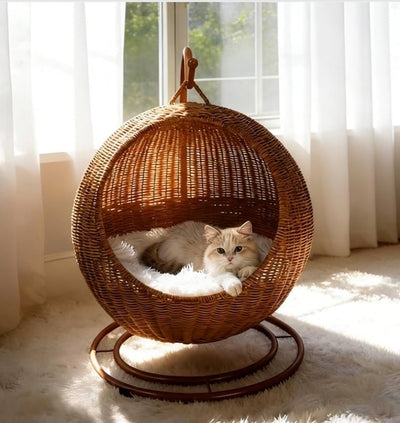 Wicker Cat Bed Indoor & Outdoor, Handwoven PP Rattan Cat Swing Bed with Removable Washable Cushion, Breathable Waterproof Cat House for Cats & Small Dogs (Large–16.9" L × 25.98" H)
