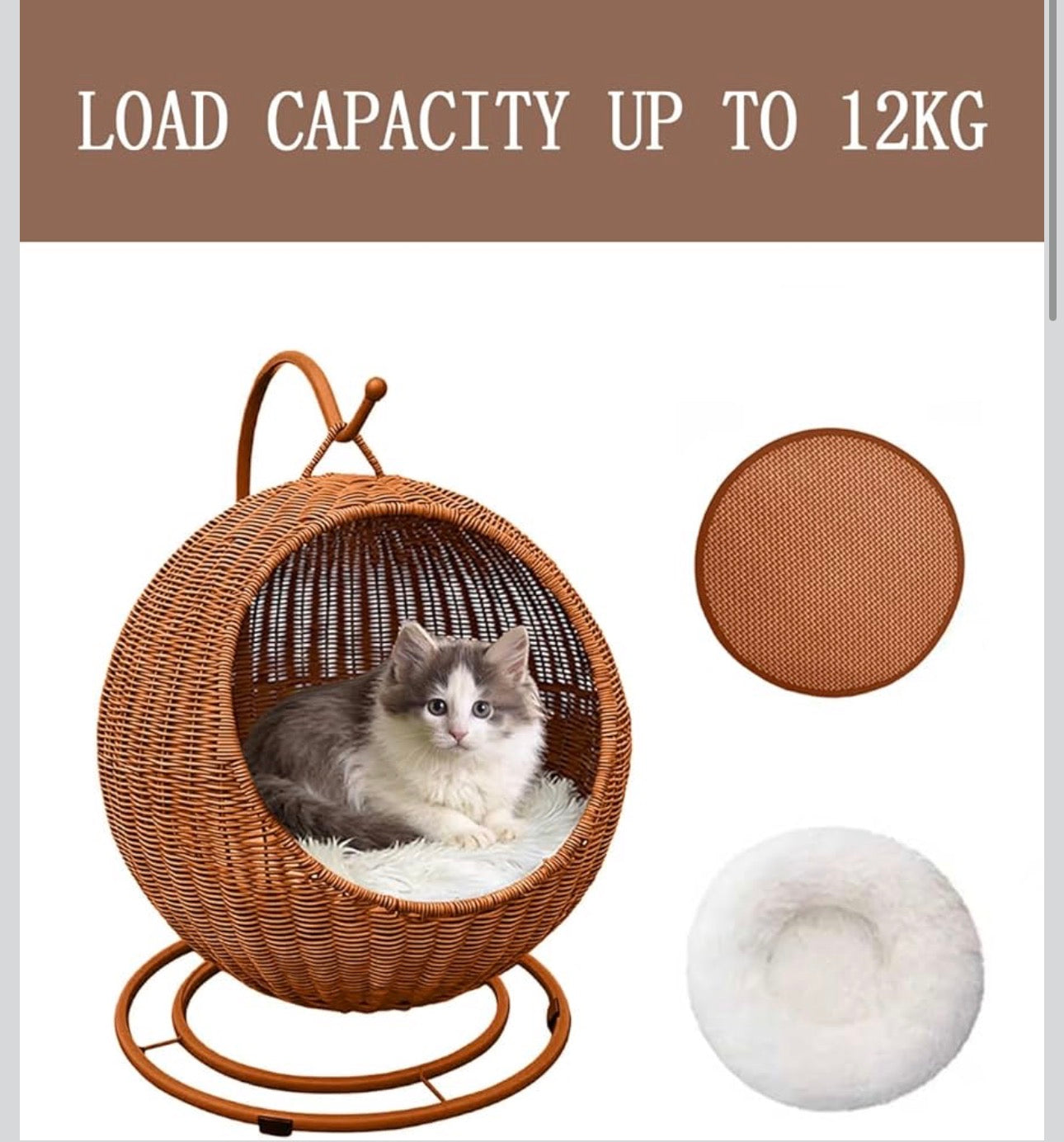 Wicker Cat Bed Indoor & Outdoor, Handwoven PP Rattan Cat Swing Bed with Removable Washable Cushion, Breathable Waterproof Cat House for Cats & Small Dogs (Large–16.9" L × 25.98" H)