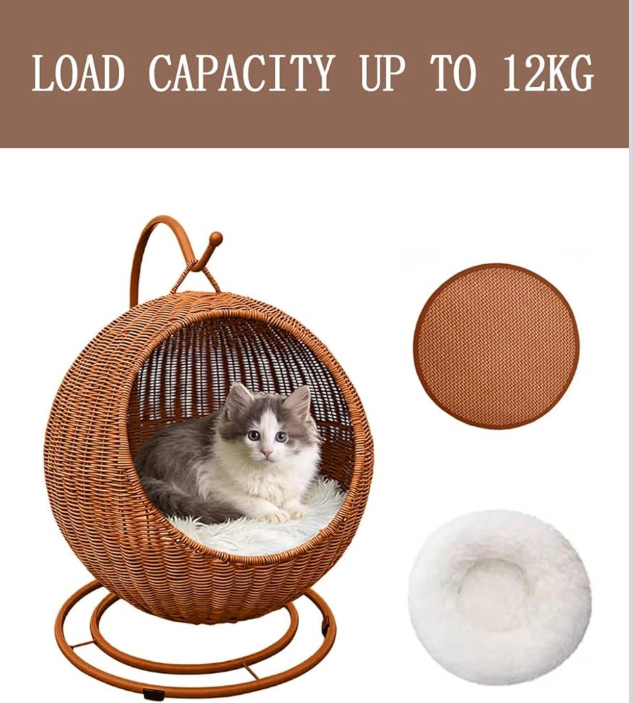 Wicker Cat Bed Indoor & Outdoor, Handwoven PP Rattan Cat Swing Bed with Removable Washable Cushion, Breathable Waterproof Cat House for Cats & Small Dogs (Large–16.9" L × 25.98" H)