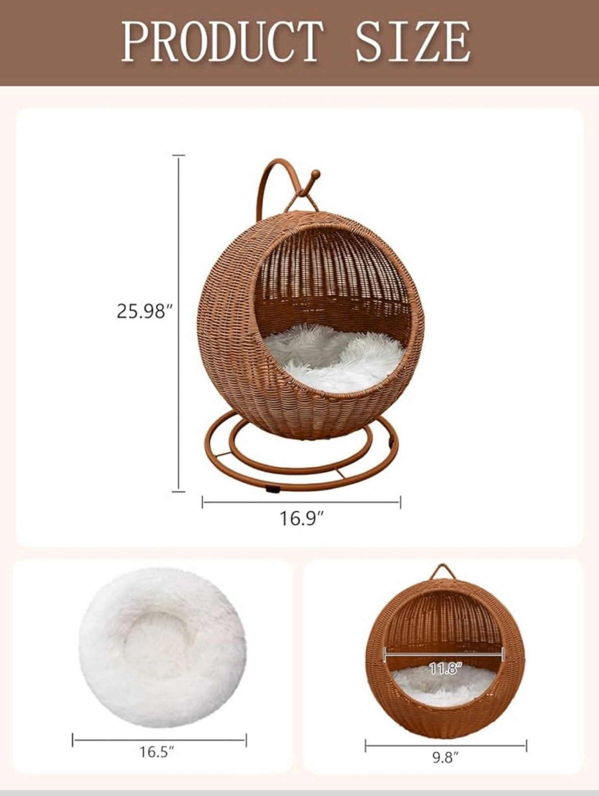 Wicker Cat Bed Indoor & Outdoor, Handwoven PP Rattan Cat Swing Bed with Removable Washable Cushion, Breathable Waterproof Cat House for Cats & Small Dogs (Large–16.9" L × 25.98" H)