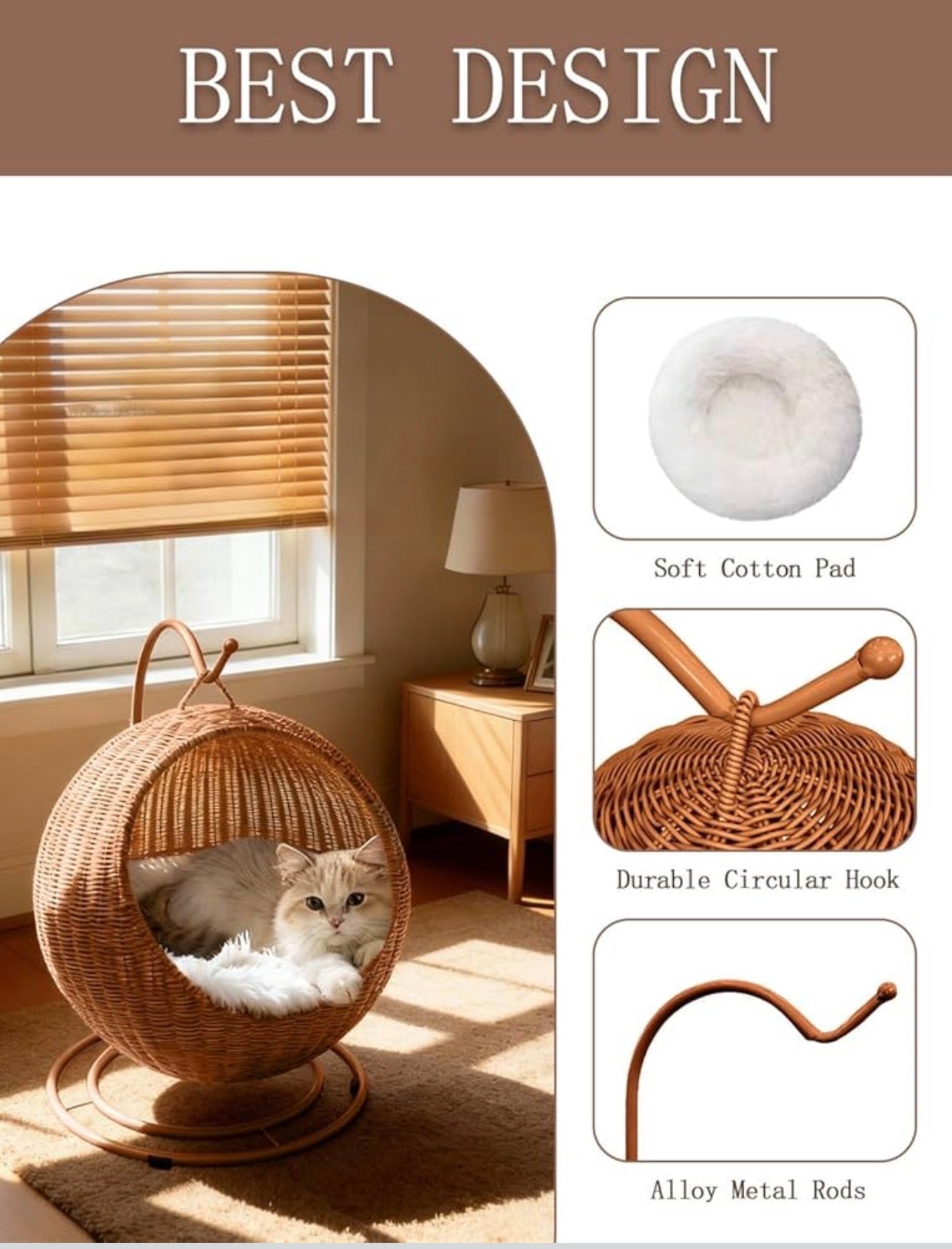Wicker Cat Bed Indoor & Outdoor, Handwoven PP Rattan Cat Swing Bed with Removable Washable Cushion, Breathable Waterproof Cat House for Cats & Small Dogs (Large–16.9" L × 25.98" H)