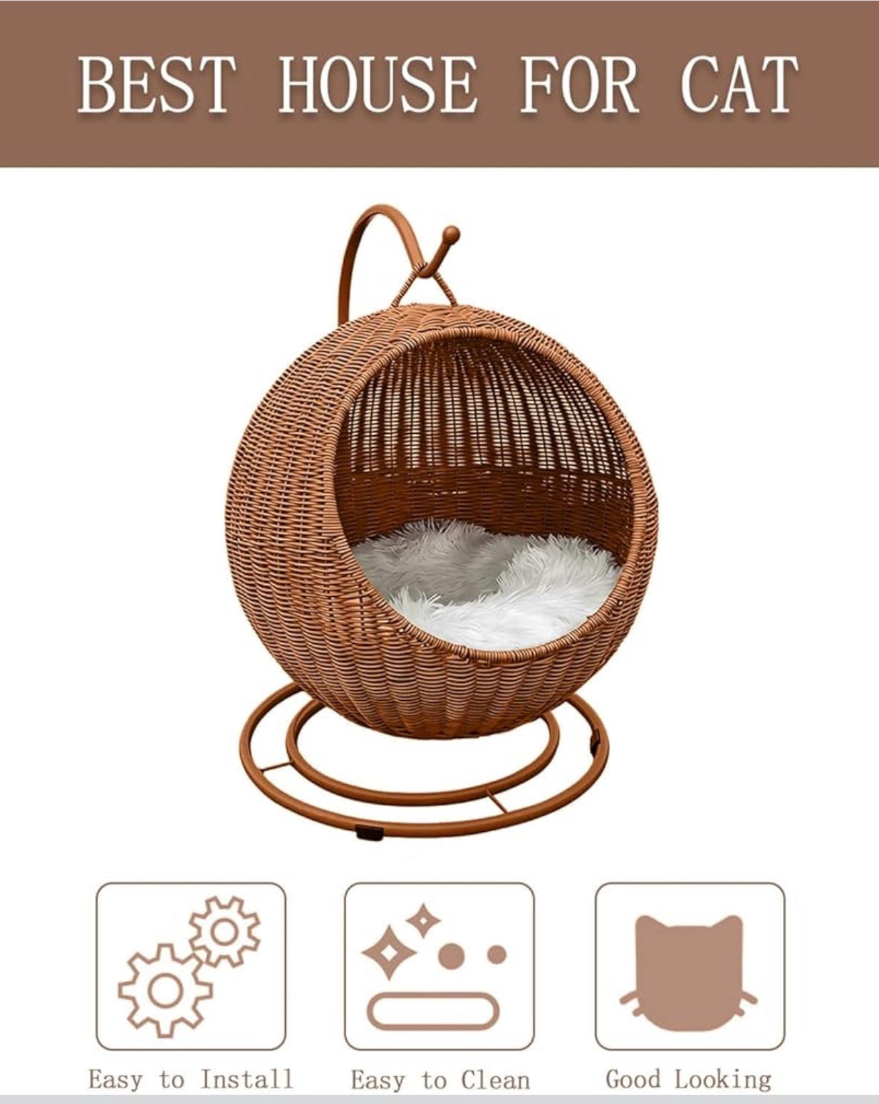 Wicker Cat Bed Indoor & Outdoor, Handwoven PP Rattan Cat Swing Bed with Removable Washable Cushion, Breathable Waterproof Cat House for Cats & Small Dogs (Large–16.9" L × 25.98" H)