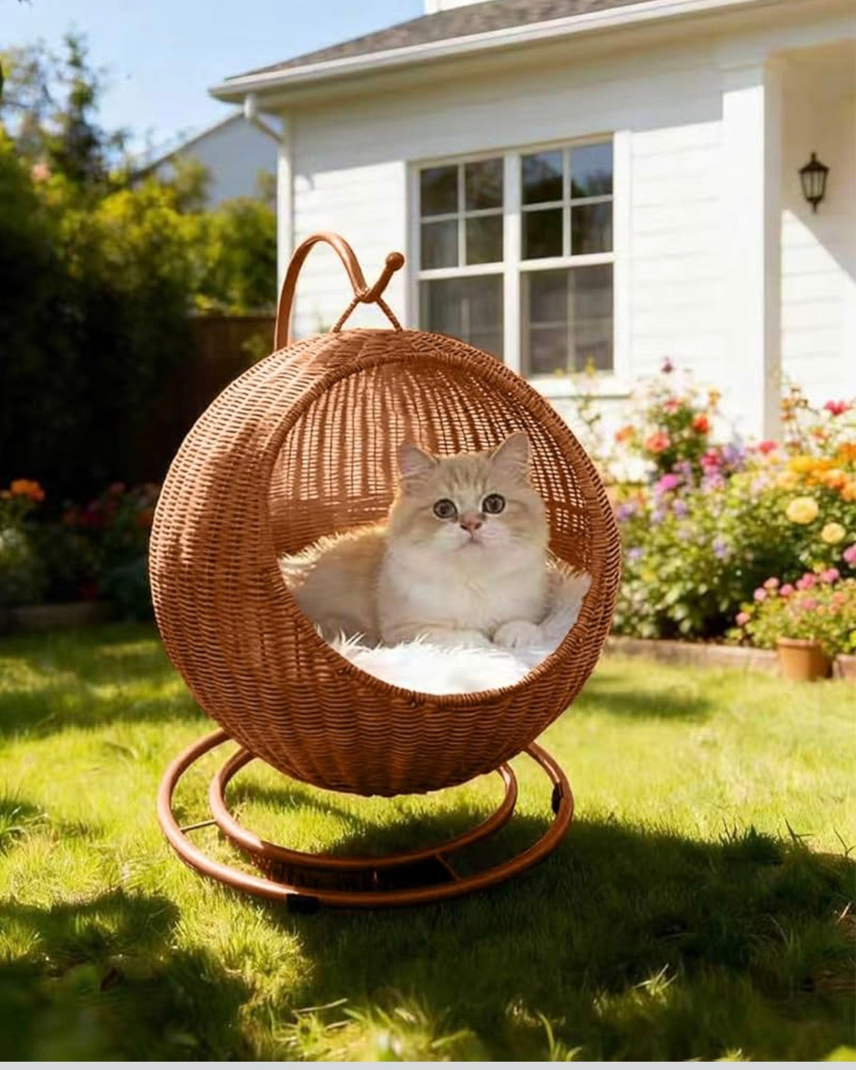 Wicker Cat Bed Indoor & Outdoor, Handwoven PP Rattan Cat Swing Bed with Removable Washable Cushion, Breathable Waterproof Cat House for Cats & Small Dogs (Large–16.9" L × 25.98" H)