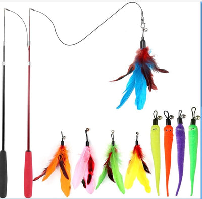 Interactive Cat Toy 2PCS Retractable Wand Toy and 9PCS Cat Feather Toys Refills, Funny Kitten Toys Cat Fishing Pole Toy for Bored Indoor Cats Chase and Exercise