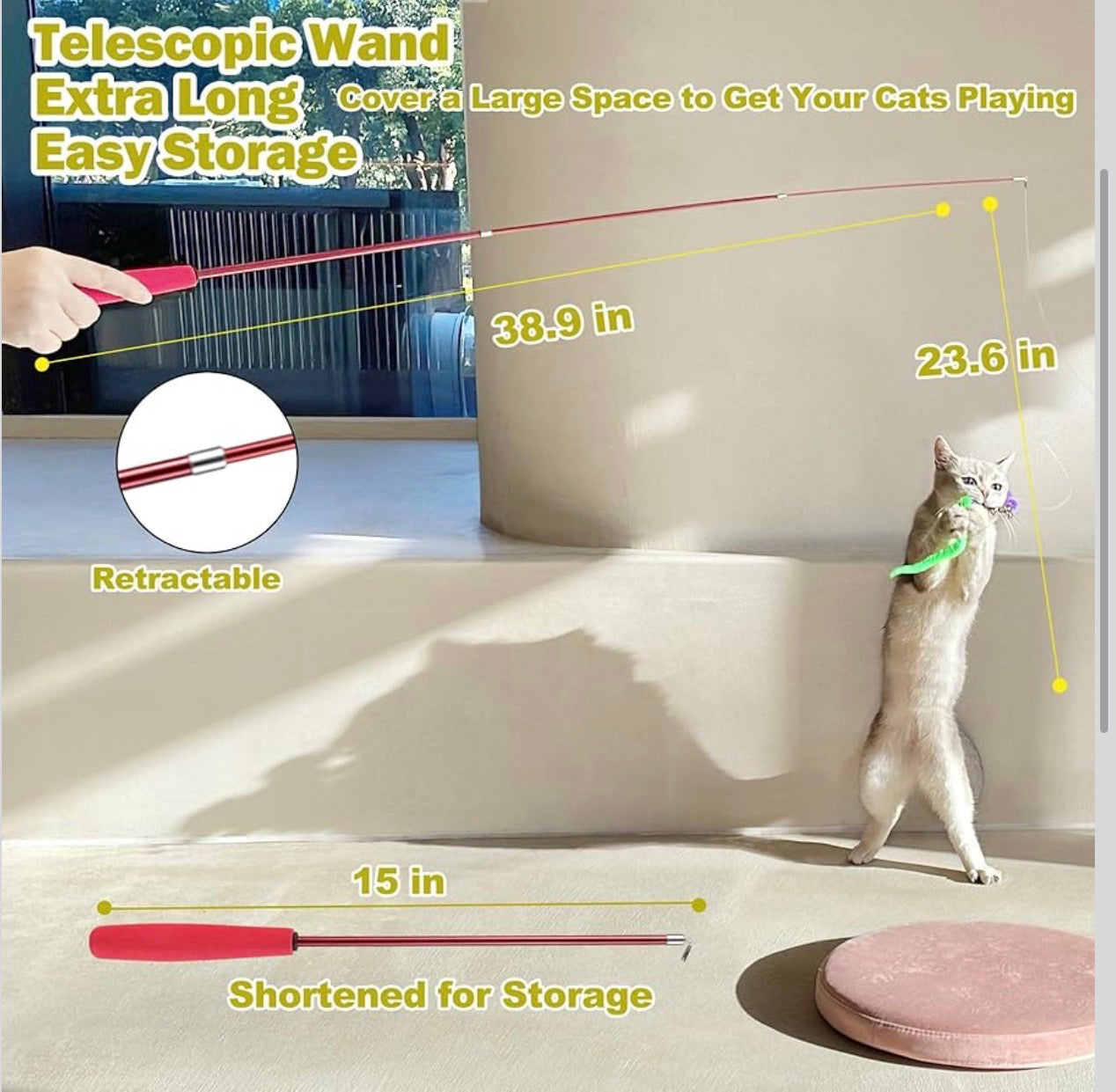 Interactive Cat Toy 2PCS Retractable Wand Toy and 9PCS Cat Feather Toys Refills, Funny Kitten Toys Cat Fishing Pole Toy for Bored Indoor Cats Chase and Exercise