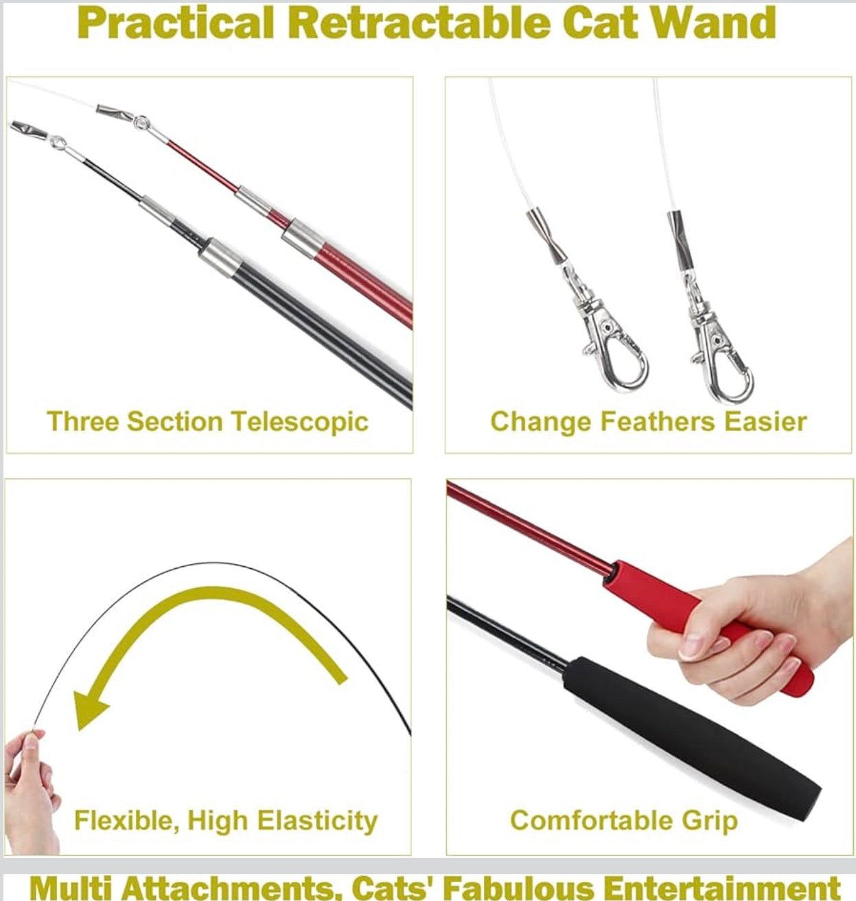 Interactive Cat Toy 2PCS Retractable Wand Toy and 9PCS Cat Feather Toys Refills, Funny Kitten Toys Cat Fishing Pole Toy for Bored Indoor Cats Chase and Exercise