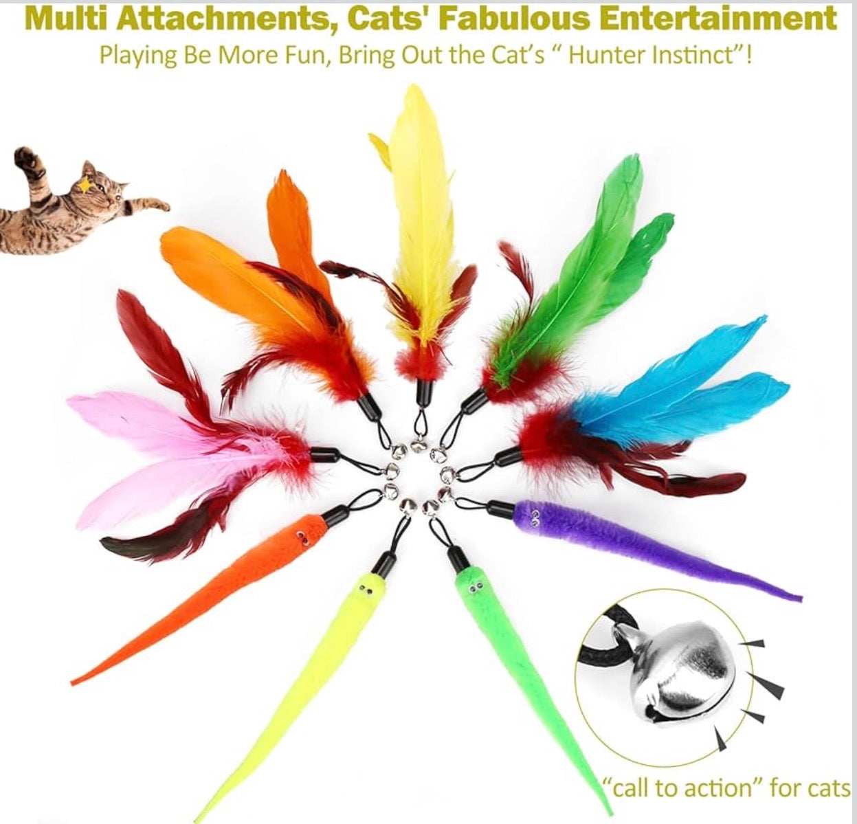 Interactive Cat Toy 2PCS Retractable Wand Toy and 9PCS Cat Feather Toys Refills, Funny Kitten Toys Cat Fishing Pole Toy for Bored Indoor Cats Chase and Exercise