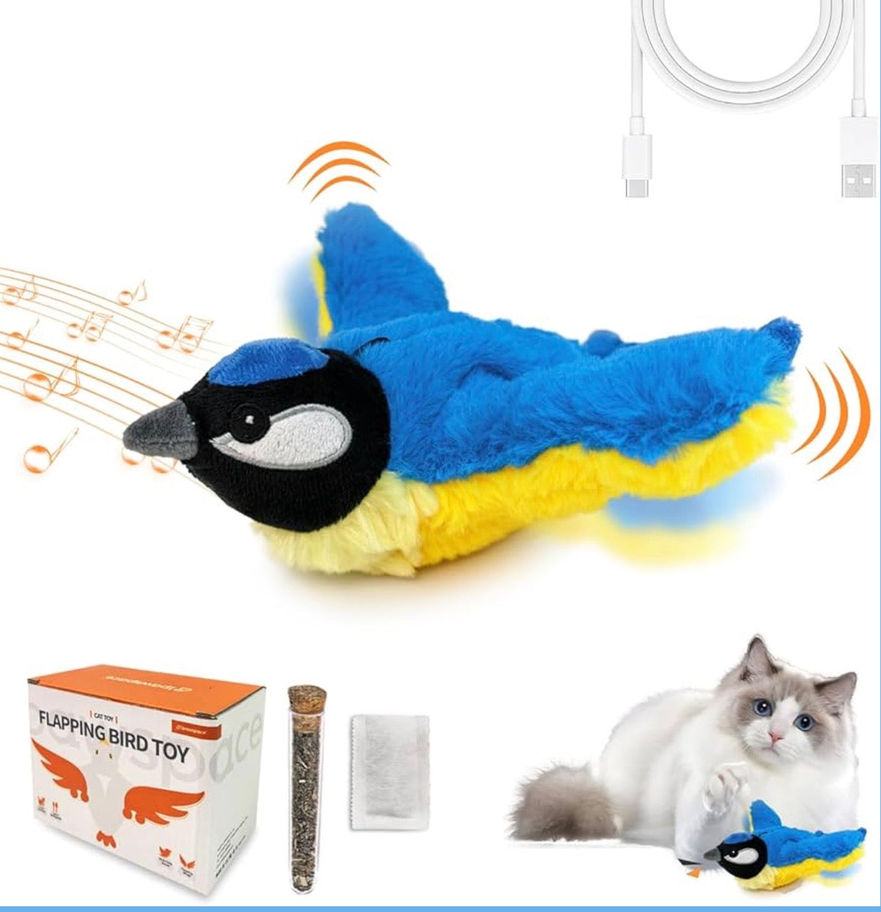 Interactive Flapping Bird Cat Toy with Catnip, Touch Activated Rechargeable, Musical Sound
