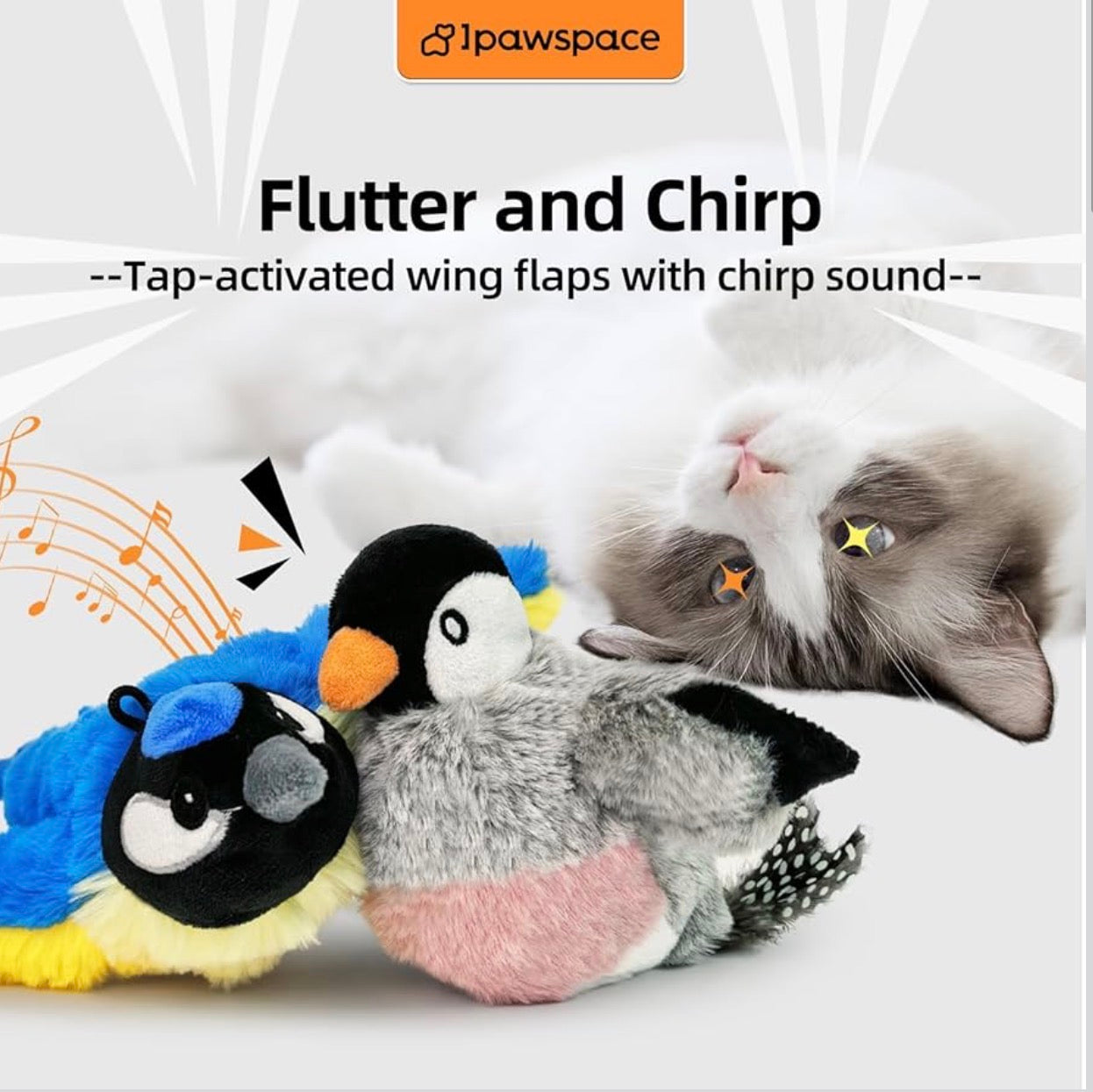 Interactive Flapping Bird Cat Toy with Catnip, Touch Activated Rechargeable, Musical Sound