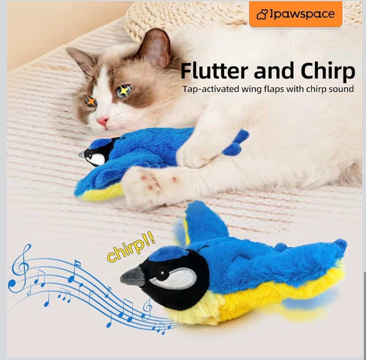 Interactive Flapping Bird Cat Toy with Catnip, Touch Activated Rechargeable, Musical Sound
