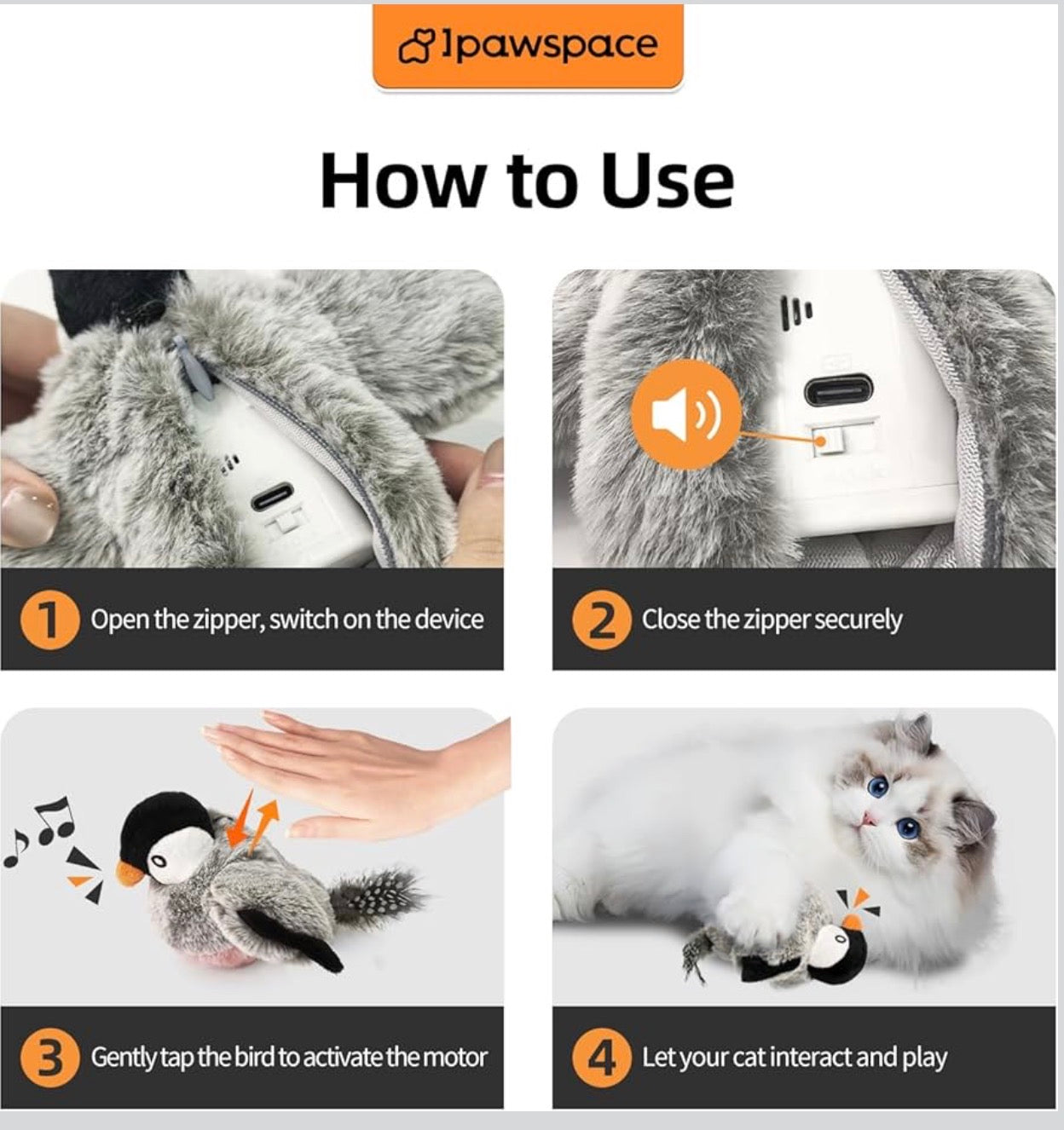 Interactive Flapping Bird Cat Toy with Catnip, Touch Activated Rechargeable, Musical Sound
