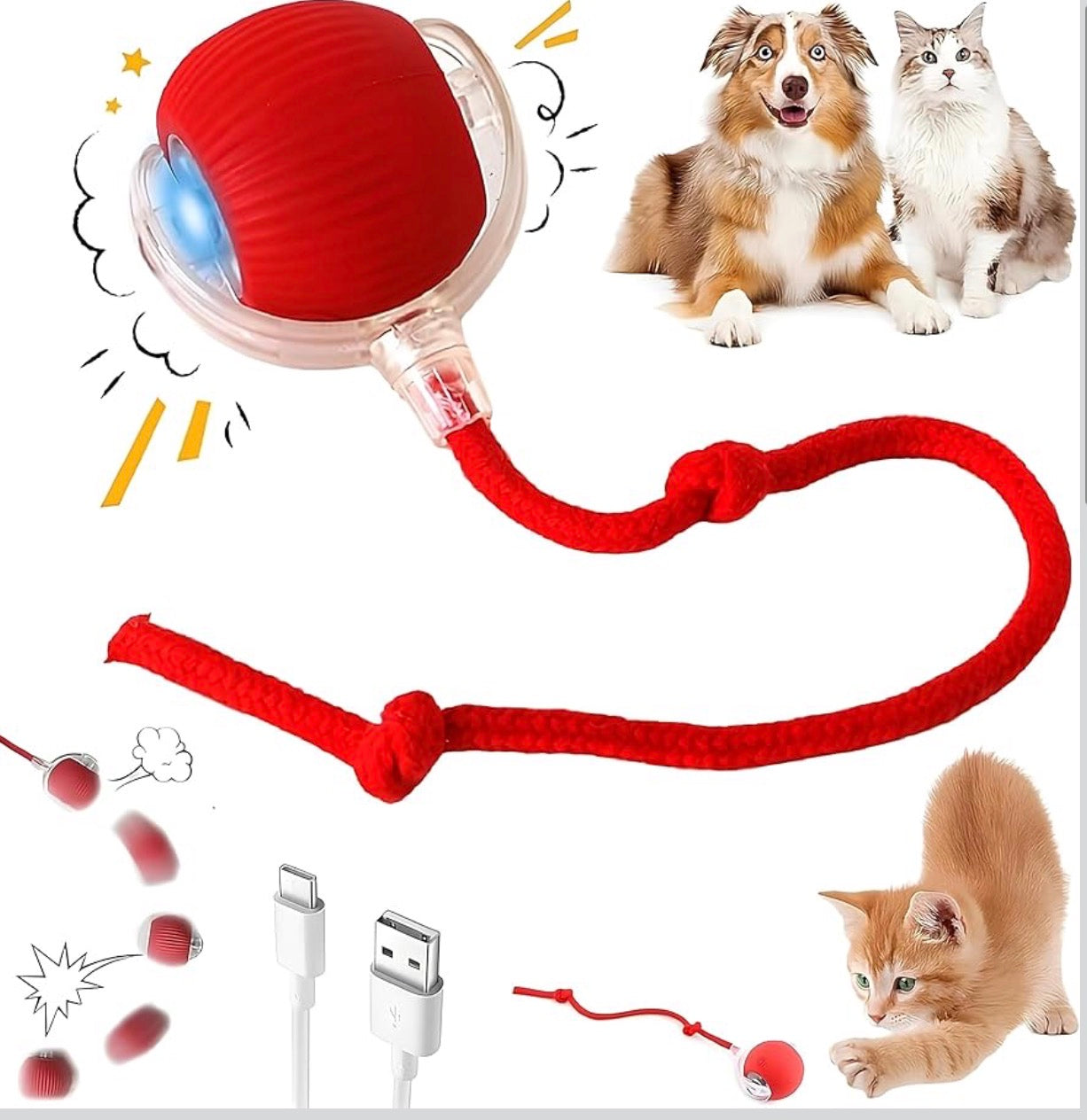 Interactive Cat Toys for Indoor Cats, Dog Toys Ball, Rolling Pet Ball, Smart Automatic Cat Chase Balls Toy, Interactive Dog Toys Speedy Tail,Kitten & Cat Toys Interactive (Red)