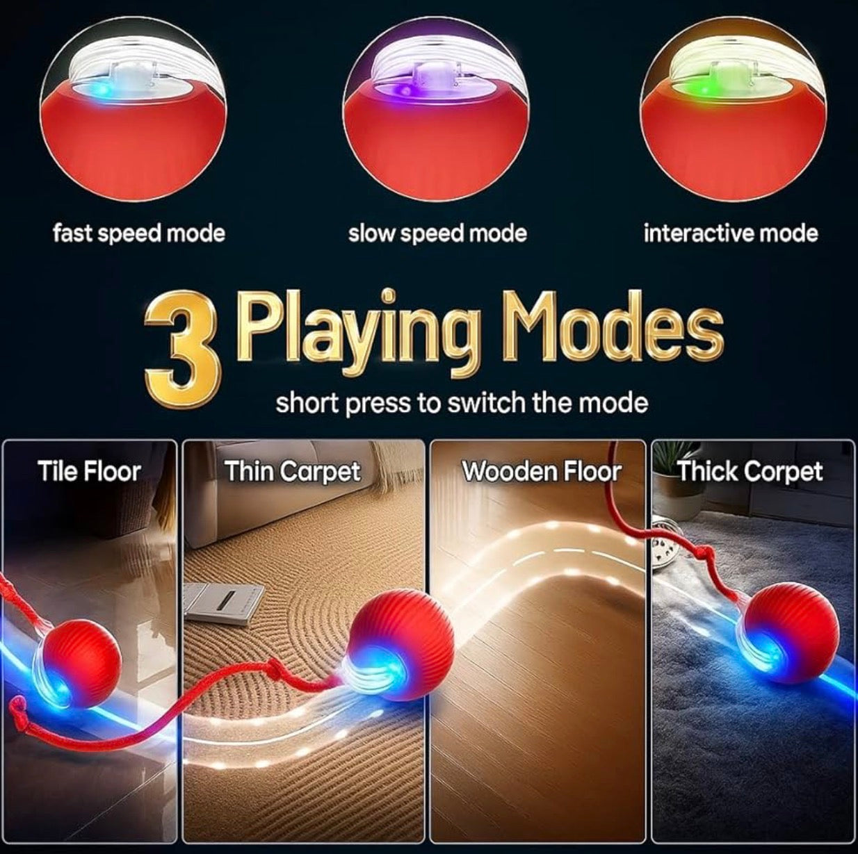 Interactive Cat Toys for Indoor Cats, Dog Toys Ball, Rolling Pet Ball, Smart Automatic Cat Chase Balls Toy, Interactive Dog Toys Speedy Tail,Kitten & Cat Toys Interactive (Red)