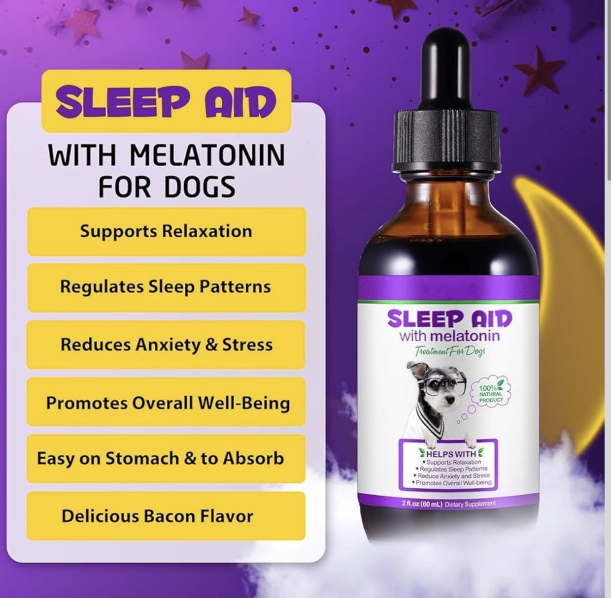 Melatonin for Dogs, Calming Supplement Drops, Natural Sleep Aid to Promote Relaxation