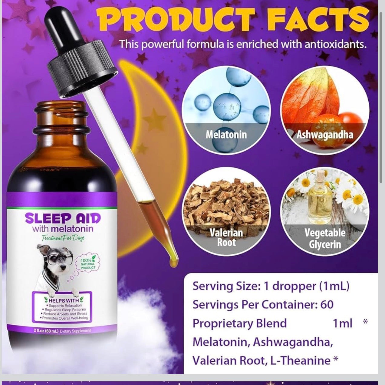 Melatonin for Dogs, Calming Supplement Drops, Natural Sleep Aid to Promote Relaxation