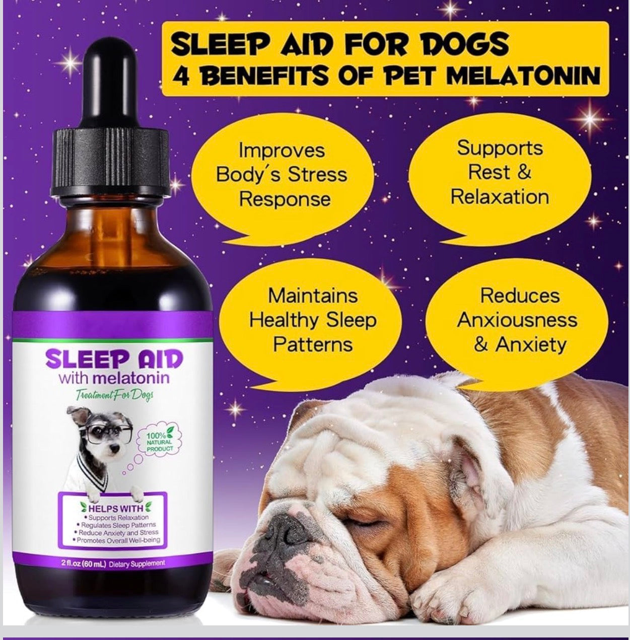 Melatonin for Dogs, Calming Supplement Drops, Natural Sleep Aid to Promote Relaxation