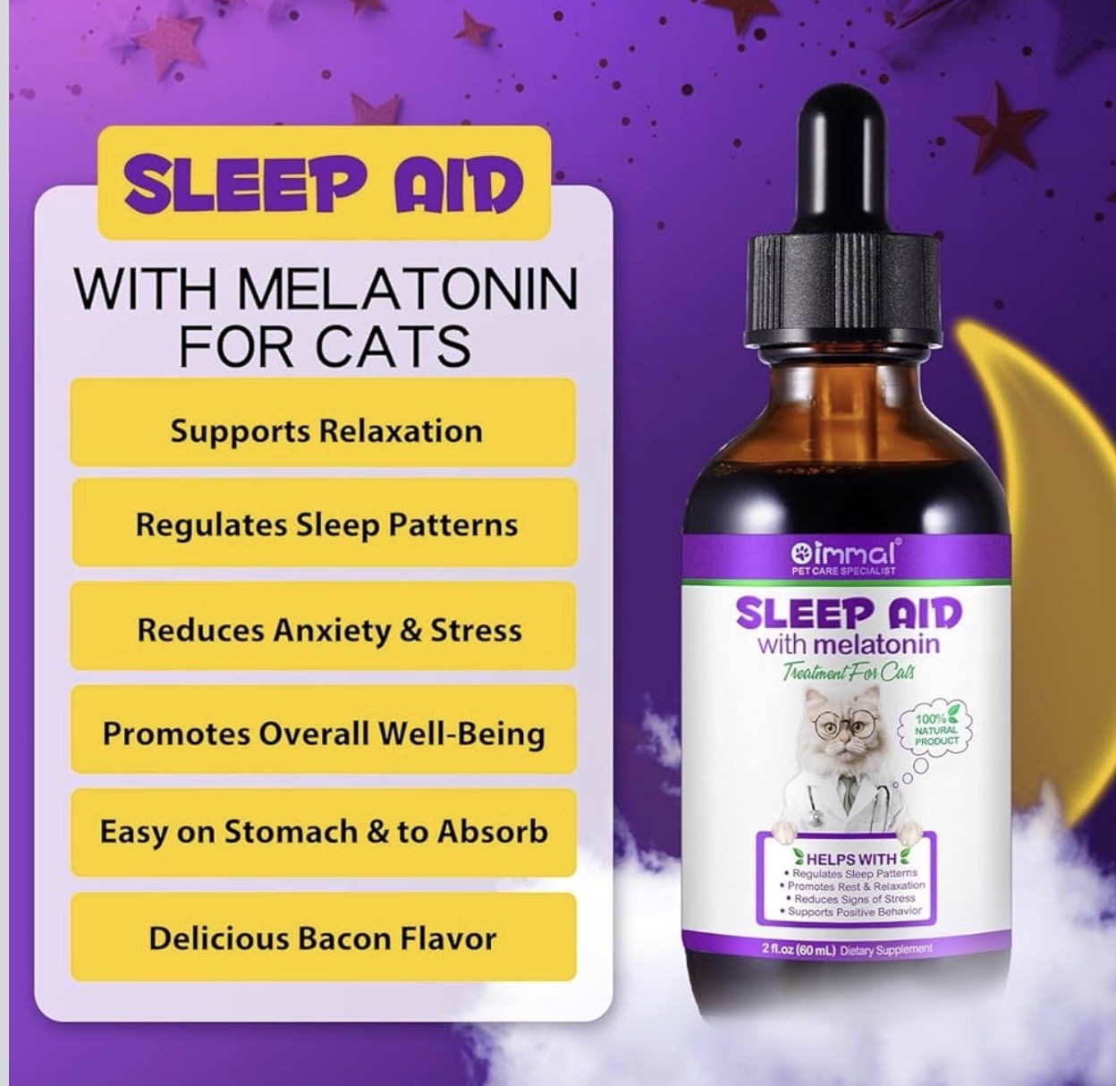 Melatonin for Cats & Kittens – Calming Drops with Bacon Flavor – Anxiety & Stress Relief, Sleep Aid 60ml