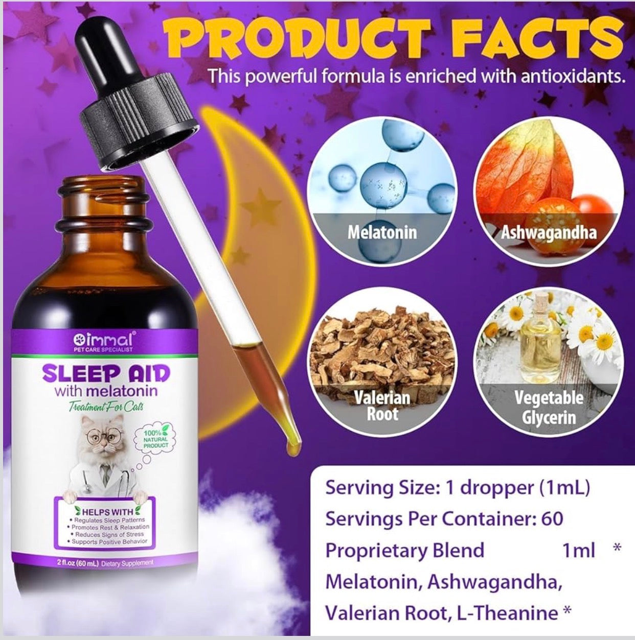 Melatonin for Cats & Kittens – Calming Drops with Bacon Flavor – Anxiety & Stress Relief, Sleep Aid 60ml