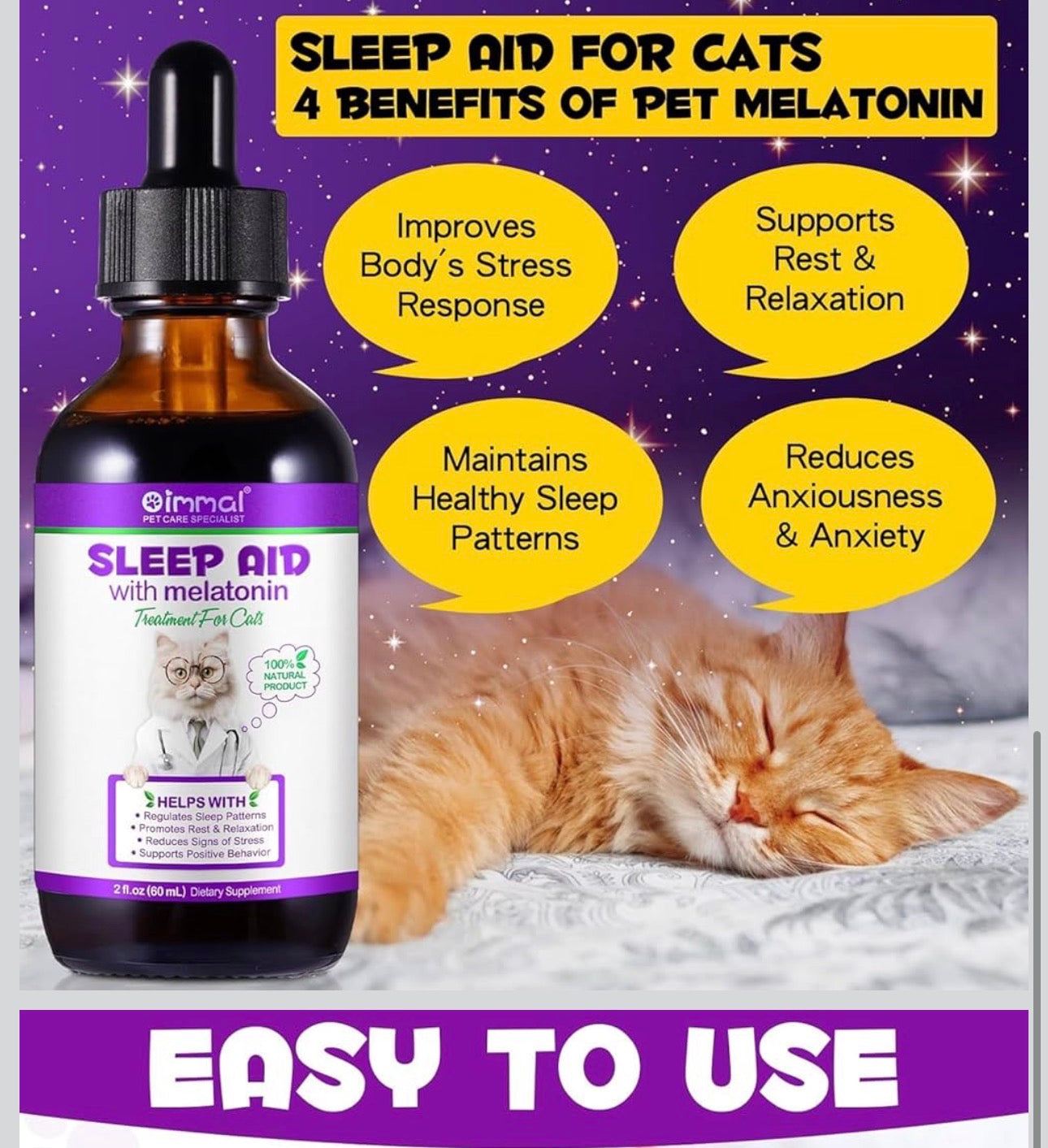 Melatonin for Cats & Kittens – Calming Drops with Bacon Flavor – Anxiety & Stress Relief, Sleep Aid 60ml
