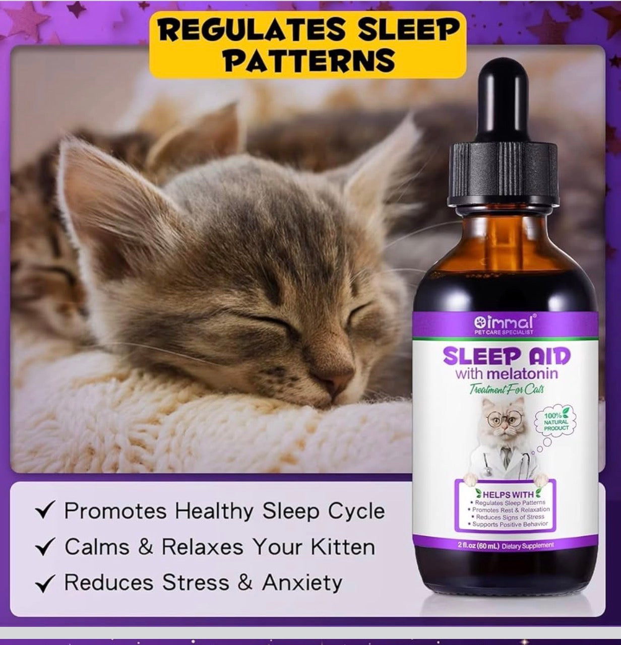 Melatonin for Cats & Kittens – Calming Drops with Bacon Flavor – Anxiety & Stress Relief, Sleep Aid 60ml