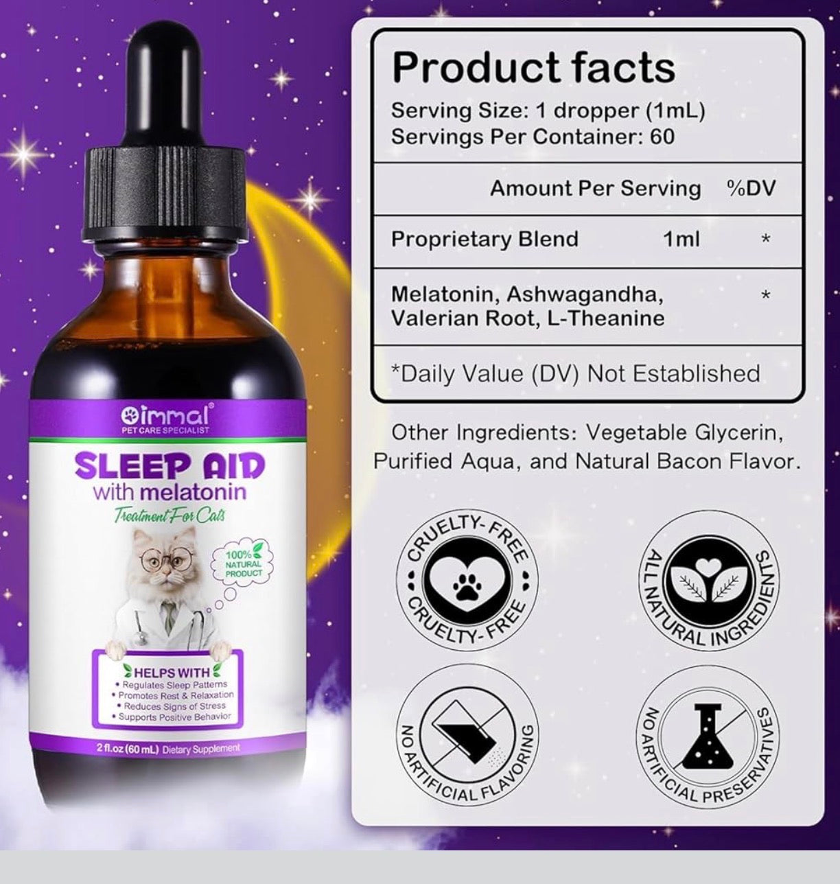 Melatonin for Cats & Kittens – Calming Drops with Bacon Flavor – Anxiety & Stress Relief, Sleep Aid 60ml