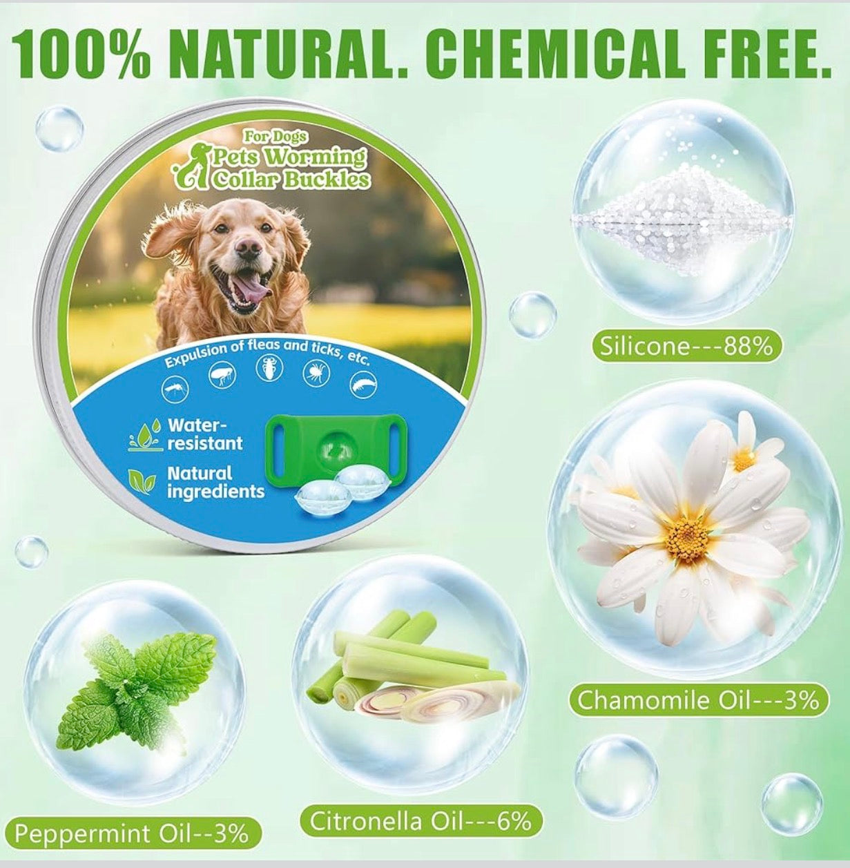 Natural Flea and Tick Prevention Dog Tag – Waterproof Collar Pendant with 4 Extra Refills, Green, Safe for All Breeds