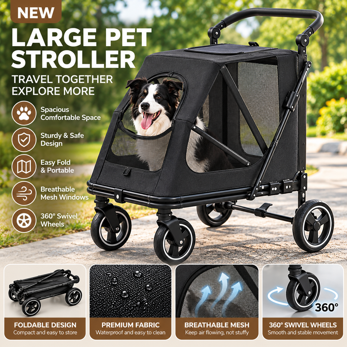 Large Dog Stroller Foldable Pet Pram with Mesh Windows BLACK