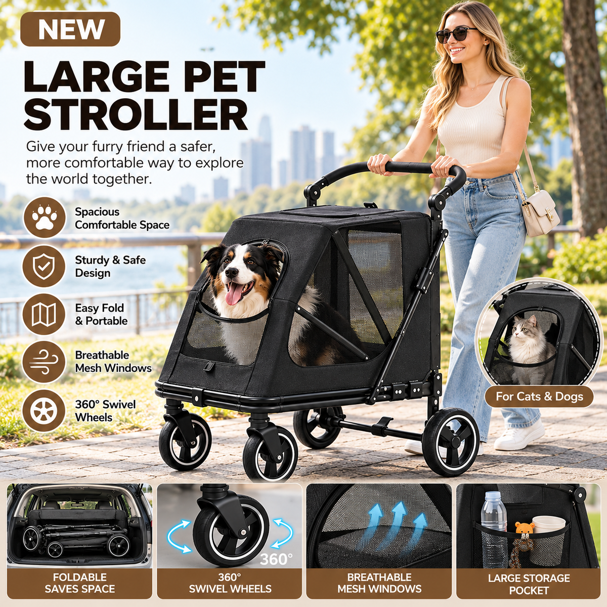 Large Dog Stroller Foldable Pet Pram with Mesh Windows BLACK