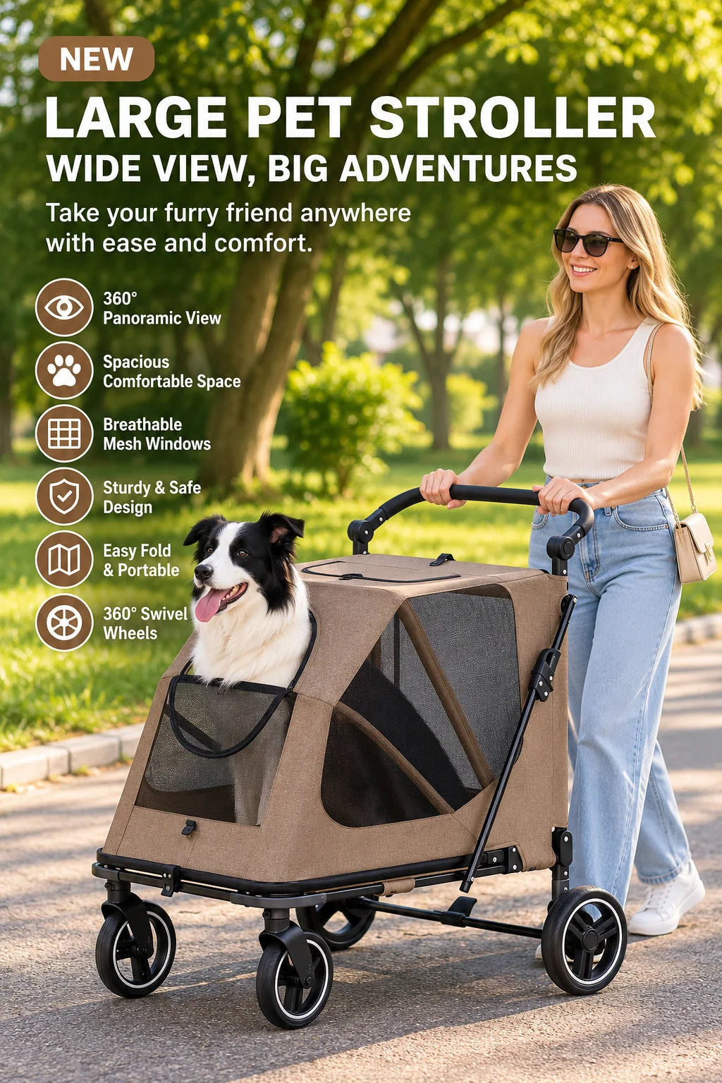 Large Dog Stroller Foldable Pet Pram with Mesh Windows Coffee Brown