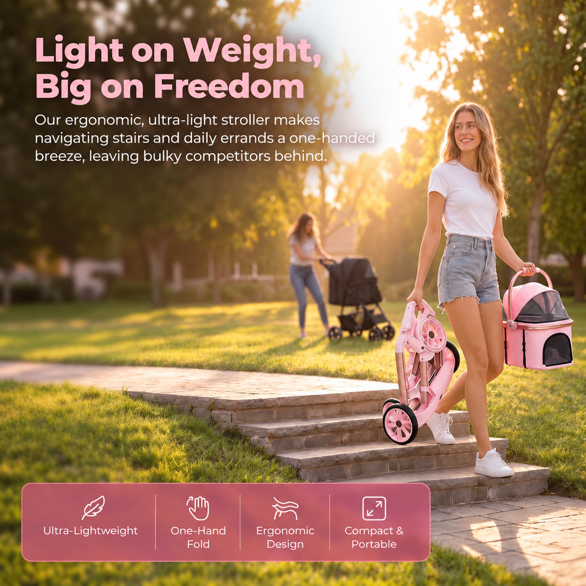 Luxury Pet Stroller for Small Dogs & Cats – 2-in-1 Detachable Carrier, Foldable, 360° Swivel Wheels, Large Storage Basket, Pink