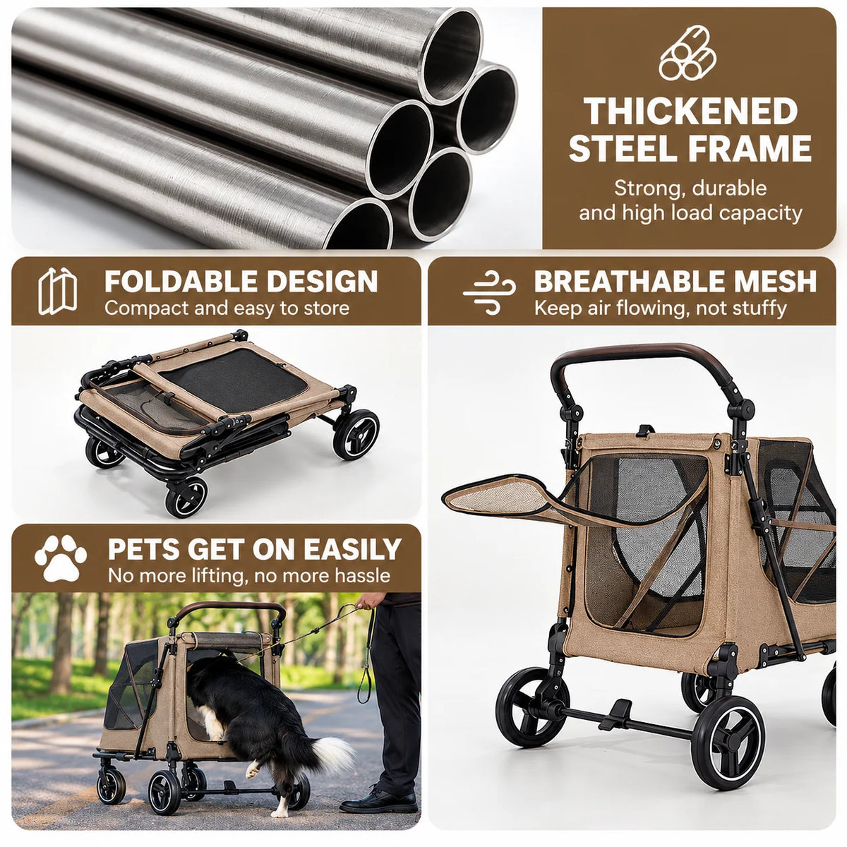 Large Dog Stroller Foldable Pet Pram with Mesh Windows Coffee Brown