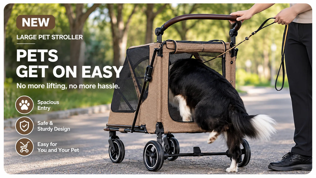 Large Dog Stroller Foldable Pet Pram with Mesh Windows Coffee Brown