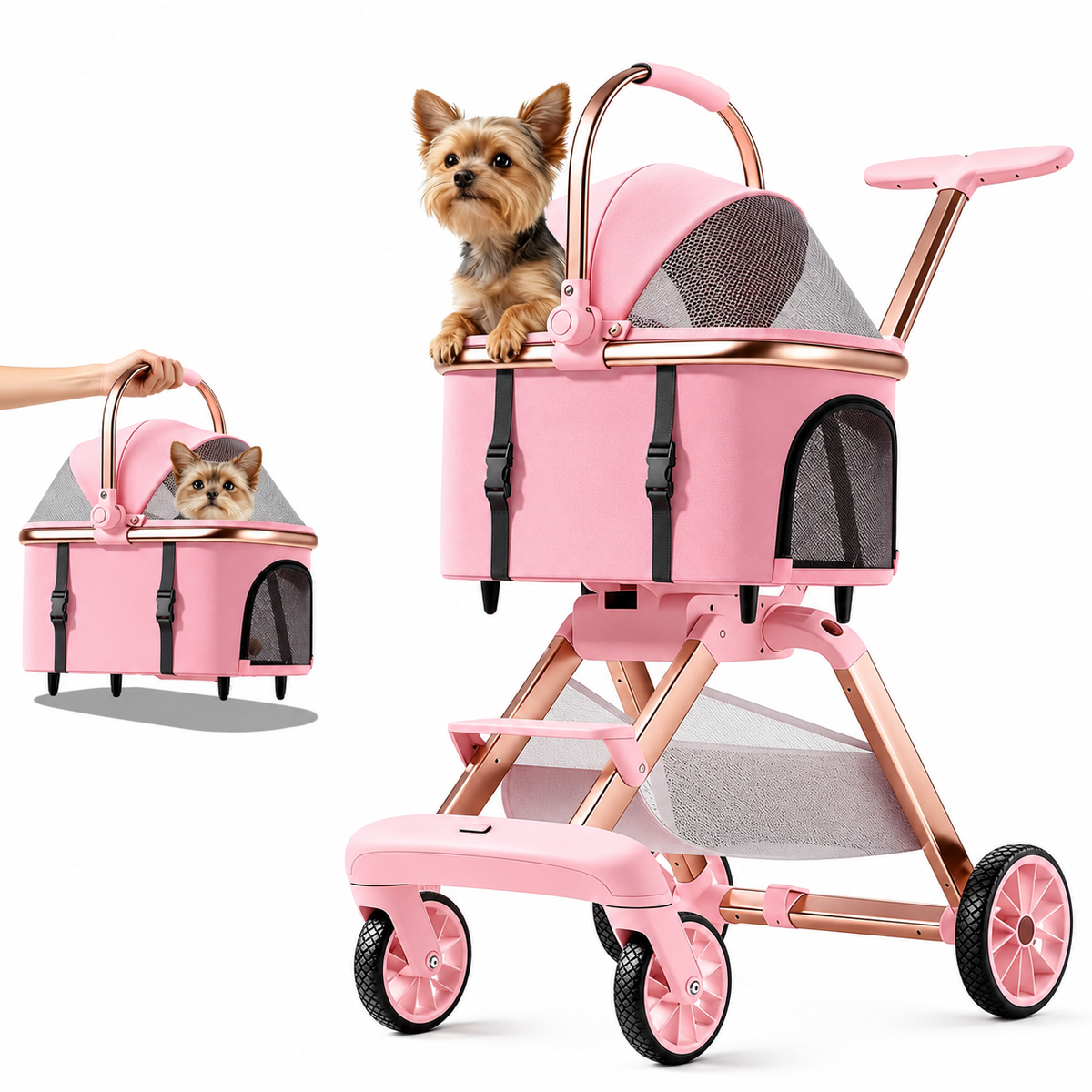 Luxury Pet Stroller for Small Dogs & Cats – 2-in-1 Detachable Carrier, Foldable, 360° Swivel Wheels, Large Storage Basket, Pink