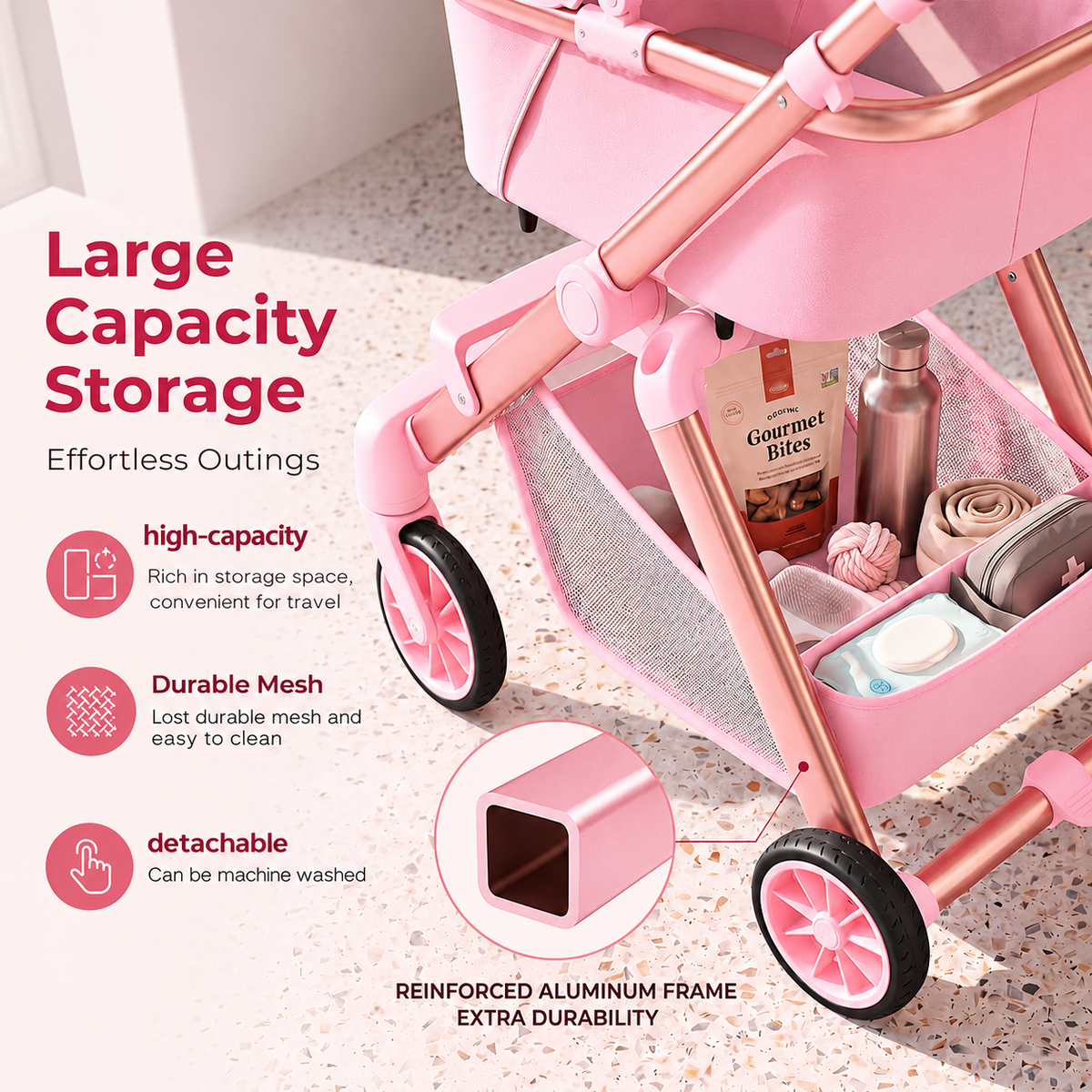 Luxury Pet Stroller for Small Dogs & Cats – 2-in-1 Detachable Carrier, Foldable, 360° Swivel Wheels, Large Storage Basket, Pink