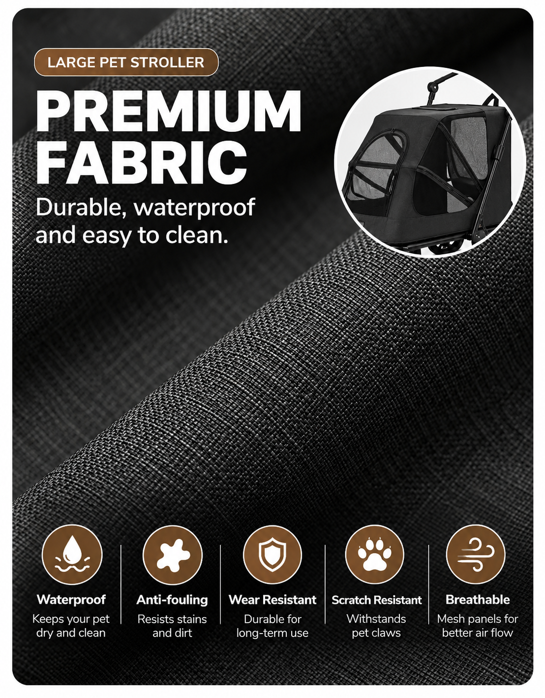 Large Dog Stroller Foldable Pet Pram with Mesh Windows BLACK